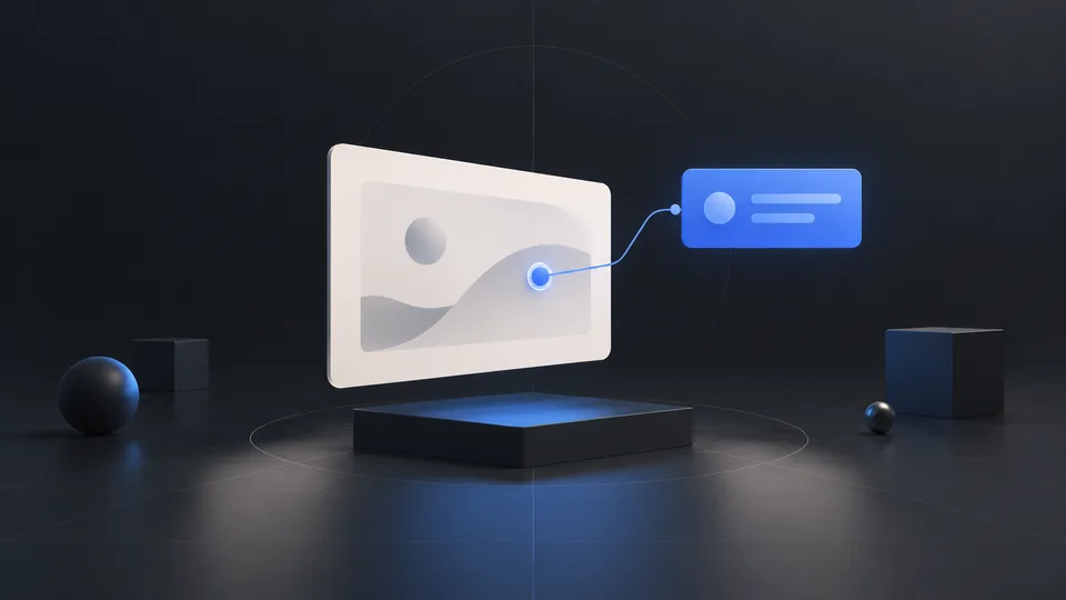 A blue pinpoint on a pale screen connects by a short curved line to a blue annotation card.