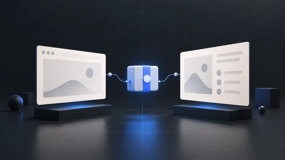 An abstract browser frame and review panel are linked through a compact white-and-blue evidence bundle.