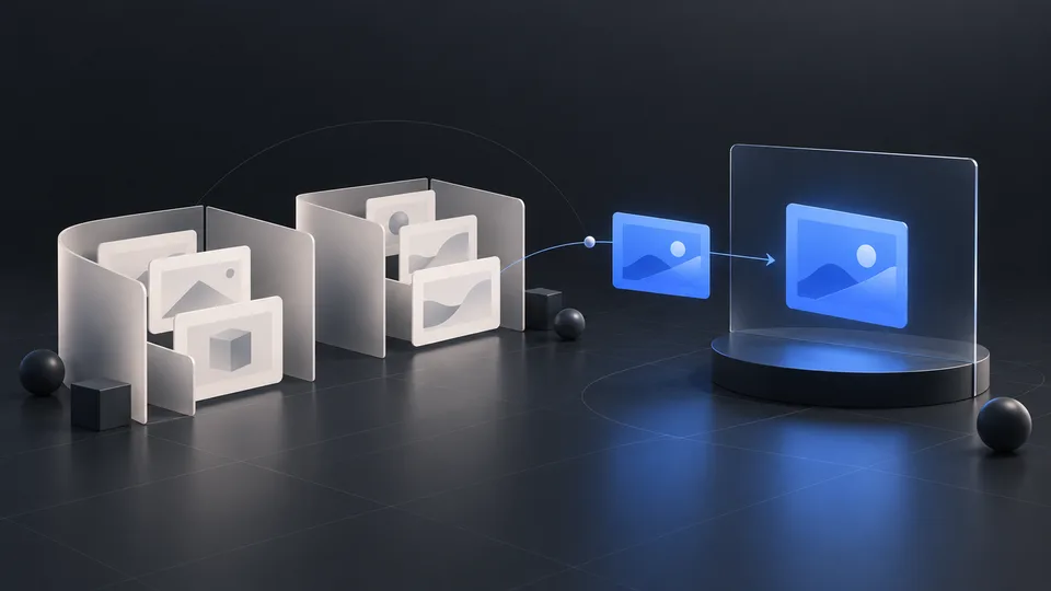 Two partitioned groups of pale screens remain separate while a selected blue panel is shown moving into a public display.