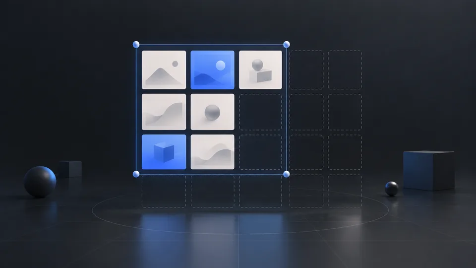 A bounded grid holds pale and blue panels alongside empty outlined cells, with more unfilled cells extending beyond the boundary.