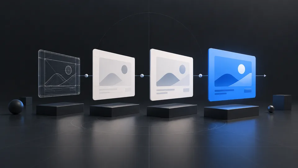 Four versions of the same abstract screen progress from a wireframe to a refined blue panel along a horizontal path.