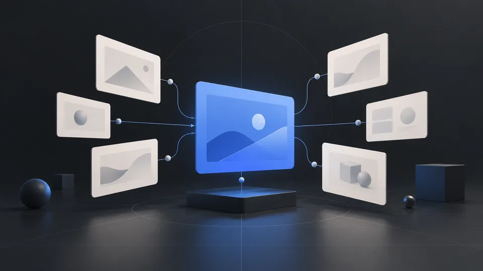 Six pale screen panels connect to one larger blue review canvas, floating above a graphite grid.